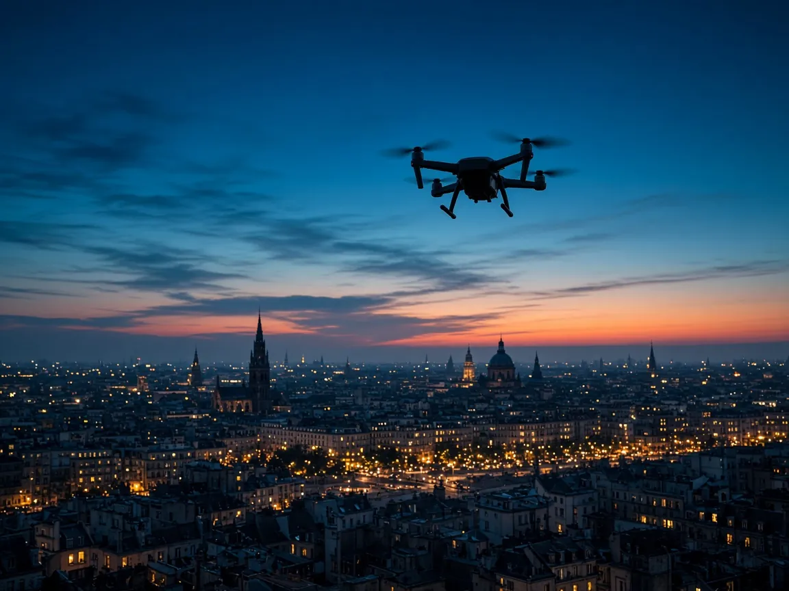A small drone hovering above a city skyline at dusk, looking down on lit streets